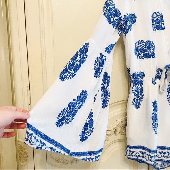 Plunge Neck Boho Summer Front Tie Romper in Royal Blue & White - Picture 3 of 4